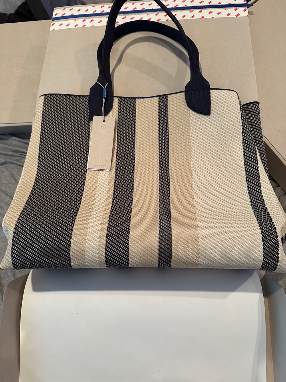 Rothy’s Lightweight Mega Tote in Navy Stripe Twill NWT